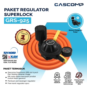 Gascomp- Paket Regulator Superlock Putar (GRS-925) + Free Karet Seal Cadangan Regulator Anti Bocor Regulator Aman