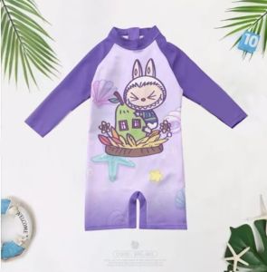One Piece Long Sleeves Rashguard for Kids Girls Kawaii Kuku Melo Printed Design Quick Dry Swimwear for Kids age 3-11 years old