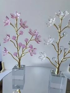 xpkQ Creative Crystal Cherry Blossom Tree Glass Artwork Handmade Crystal Flowers Fake Plant Decorative Piece Alloy Flower Branches 9H4B3