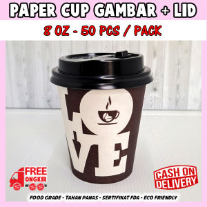Paper Cup Love 8 Oz 240 ml + LID tutup/ Tea Cup / Gelas Kopi / Gelas kertas / Paper Hot Cup (50 pcs)