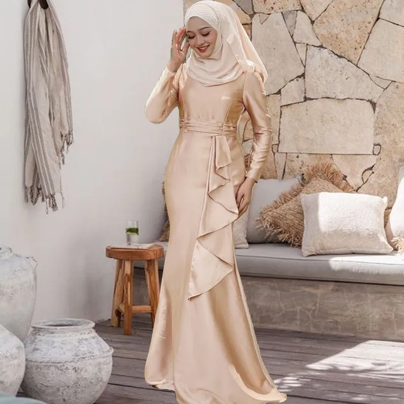 chinese dress ladies Soft Satin Long Wedding Dress For Muslim Bride - main image 0