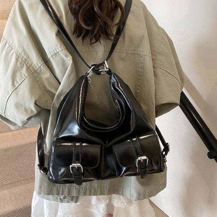 TSEVD Solid Color Multiple Pockets Backpacks Y2K Style Large Capacity PU Leather Crosbody Bag Casual Shoulder Bag Women's Backpack Outdoor