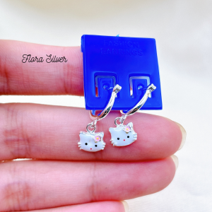 FLORA 0257M - Set bạc dây chuyền bông tai hình mèo Hello Kitty màu hồng trắng dành cho bé gái