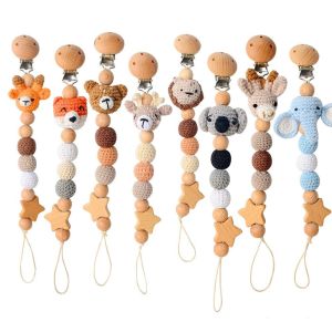 Anti-lost Adjustable Soother Holder Appease Soother Chain Wood Dummy Clips Baby Teether Toys Straps Crochet Animal Pacifier Clips Baby Pacifier Chain Pacifier Holder Clips