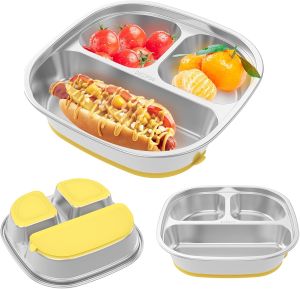 Stainless Steel Kids Plates 3 Sections Stainless Steel Divided Plates Kids with Suction Unbreakable Kid Platter Plate Reusable Versatile Dinner Plate for Kid Portion Control Dishwasher Safe