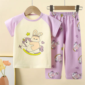AILEBE 【Local Stock】 Kids Pajamas Set Pure Cotton T-shirt Pants Two Piece Home Pajamas Girls Fashion Printed Cartoon Pattern