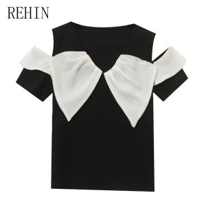 REHIN 2024 Summer New Bow Tie Off-Shoulder Short Sleeve T-Shirt - Comfortable and Stretchy Elegant Womens Top