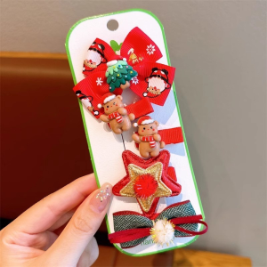 5Pcs/set Red Bow Christmas Hair Clip Set Santa Claus Snowman for Kids Gift Hair Accessories