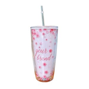 Ly nhựa 2 lớp hoa anh đào Cherry Blosom HAP509 Dung tích 750ml Kèm ống hút Màu Hồng- Đỏ - Xanh