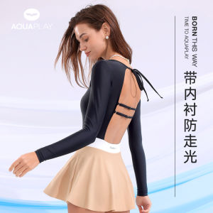 AquaPlay womens new long sleeved sunscreen backless one-piece swimsuit looks slim and quick drying surfing and diving suit for outdoor sports