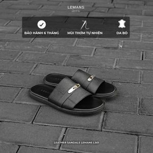 Dép quai ngang da bò nam LEMANS màu đen - LS01.2 Đế cao su có mùi thơm Bảo hành 06 tháng