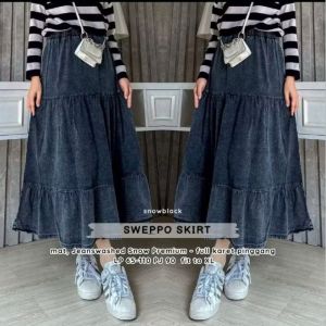 Rok Susun Premium Rok Jeans Wanita Panjang Sweppo Skirt – Full Karet Pinggang Snow Washed Premium