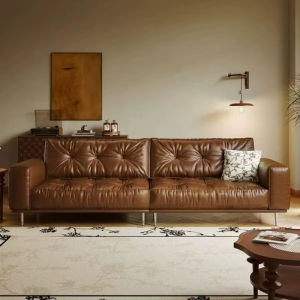 [PRE-ORDER] Antique French style waxed leather sofa with three-seat leather sofa for small living room