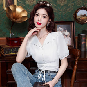 AMMIN เสื้อคอวีผู้หญิงเสื้อยืดผ้าฝ้ายรัดเอวแขนลำลองขาสั้นแบบสั้นสีเขียวเรียบง่ายสำหรับฤดูร้อน2024