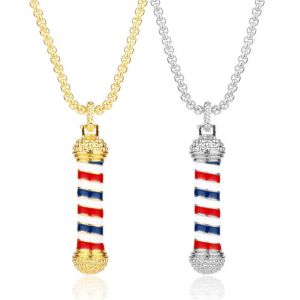 HULEQQI Creative Gifts Barbers Barber Shop Pole Rotating Light Pendant Chain Jewelry Necklace
