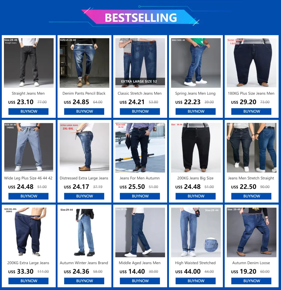 200KG Extra Large Jeans Men Blue 8XL 7XL 6XL 5XL Plus Size Denim