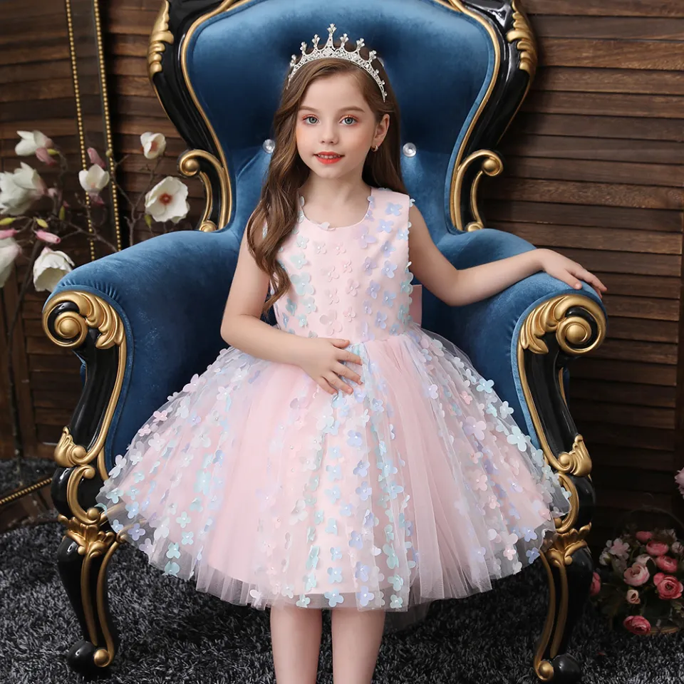 5 Size Girls Clothes Girl Kids Dress Tailing Big Bow Rainbow Flower Sleeveless Layered Girls Dress Korean Style Midi Girls Birthday Gift Flower Girls Wedding Dancing Preformance 0 24 Month Age 3 4 5 6