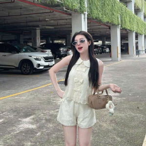 QC_ Set đồ nữ sang chảnh Set đi biển Thô Boil Ren thêu áo cộc tay cổ bèo 3 nơ mix quần đùi có lót