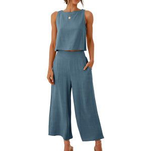 Womens Summer Sleeveless Tank Top 7 Points Wide Leg Pants Set Navel Pocket Top Wide Leg Pants Set