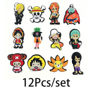 12Pcs One Piece Shoes Charms Anime Luffy Zoro Action Figures PVC Waterproof Sandals Decorate Accessories Toys for Children Gif
