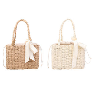 ริบบิ้นผ้าไหมหวายทำมือกระเป๋าโท้ทแบบพกพาทอมือชายหาดแฟชั่นกระเป๋าถือ