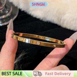 SHNGki High-end 18K Golden Titanium Steel Non-Fade Bracelet Female Plain Ring Zircon Bracelet Light Luxury Niche Bracelet