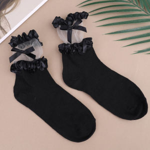 ILOVEDIY ถุงเท้าสไตล์เกาหลีฤดูใบไม้ร่วงโบว์สีดำ Jk อเนกประสงค์ถุงเท้าครึ่งน่องสไตล์บางลูกไม้