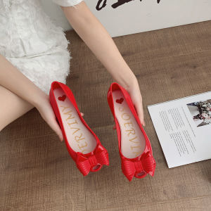 [Free Shipping] Summer Jelly Shoes For Women Simple Solid Color Shallow Toe Fish Mouth Design With A Bow And A Slight Inner Heel For Added Height Flat-Soled