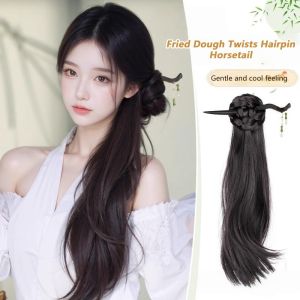 New Chinese Style Women Fake Hair with Antique Hairpin Wavy Ponytail Hair Fake Hair Braid Volume Bun Extension