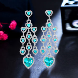 SEQUITO Elegant Women Heart Shape Long Drop Dangle Earrings Inlaid Blue AAA Zirconia Crystal White Gold Plating Luxury Lady Dress Accessories Jewelry for Banquet Party SE672