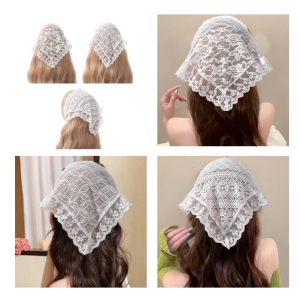 Delicate Flower Pattern Lace Turban Hot Girl Hair Scarf Sheer Triangle Headband for Women Photo Shoot Hair Accessory