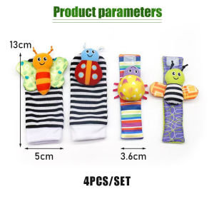 4Pcs Baby Toy 0-12 Months Baby Rattles Toys Animal Socks Wrist Strap + Rattle Baby Foot Socks Bug Wrist Strap Baby Socks New 0~24 Months Baby Rattles Soft Plush Toys Foot Wrist Rattle Set Cartoon Newborn Development Educational Toys For Children