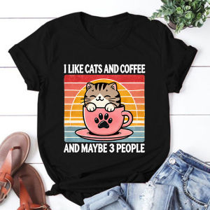 [Local Stock] HBESTY  Cat I Like Cats And Coffee And Maybe 3 People Print T-Shirt Women Men Summer Casual Short Sleeve Round Neck Tops Fashion T-Shirt