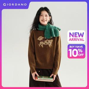 GIORDANO Women Sweaters Lamb Jacquard Wool-Blend Sweaters Crewneck Fashionable Casual Relaxed Sweaters 18356828