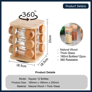 Natural Wood Food Grade Spice Rack 360° Rotation - Glass Bottles - Kitchen Storage - Ready Stock