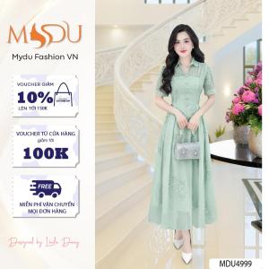 Váy Thiết Kế MDU4999 Cổ Sơ Mi Phối Tay Ren Thanh Lịch Cùng Chất Tơ Hoa Thêu Nổi Cao Cấp Từ MDU