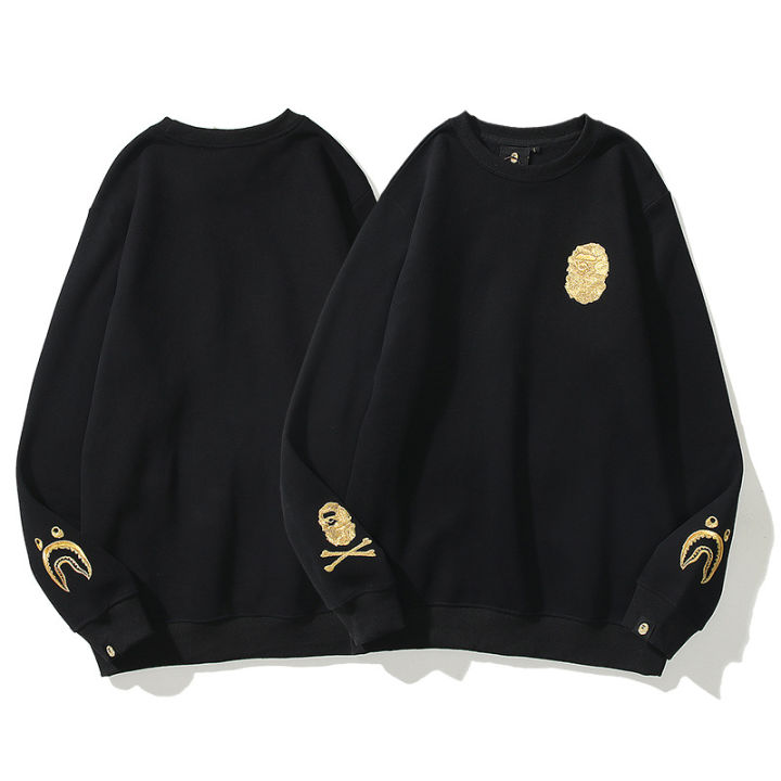 BAPE Men Hoodies Autumn Winter Black Gold Embroidery Round Neck Plus Velvet  Sweater Clothing