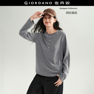 GIORDANO Women T-Shirts Embroidered Trim Long Sleeve Tee Crewneck Half Placket Fashionable Casual T-Shirts 18326836
