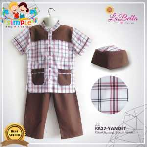 Setelan Baju Koko Anak Laki Laki + Kopyah La Bella KA27 Coklat dan Biru Motif Kotak Kotak / Busana Muslim Anak Murah Satu Set