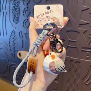 HENLI Kawaii Imitation Wood Carving Keychain Cartoon Grey Blue Tit Animal Key Ring Backpacks Pendant Original Design Pearl Bird Keychain Holiday Gift