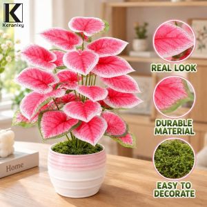 Artificial Potted Plant Pink Faux Leaf Bonsai Plastic Table Decor Indoor Home Office Centerpiece