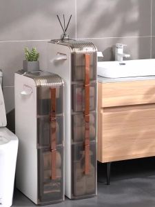 Bathroom Cabinet Narrow Bathroom Shelf Rack Bathroom Trolley Toilet Cabinet Shelf Space Saver Cabinet Waterproof Living Room Installation-Free Locker with Mobile Roller