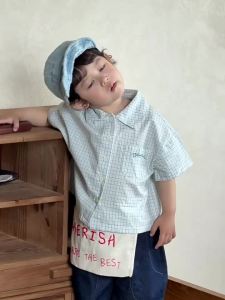 Childrens plaid short-sleeve shirt and denim shorts summer thin style 2026 Korean-style childrens clothing baby outfit boys suit