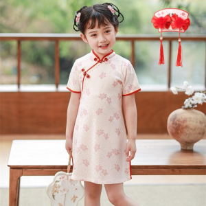 Rolanko 2025 Chinese Girls Dress Plum Blossom Qipao Short Sleeve Traditional Cheongsam Chinese New Year Costume Floral princess Dresses 6-12 Years
