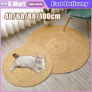 1PC Round Kitten Scratching Mat Hand Woven Wear-Resistant Rattan Cat Puppy Nest Natural Cattail Cat Scratch Board Playing