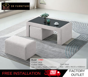 GR Furniture Easy Clean Rectangle Coffee Table With Tempered Glass Surface And Two Mini Stool Living Home Room