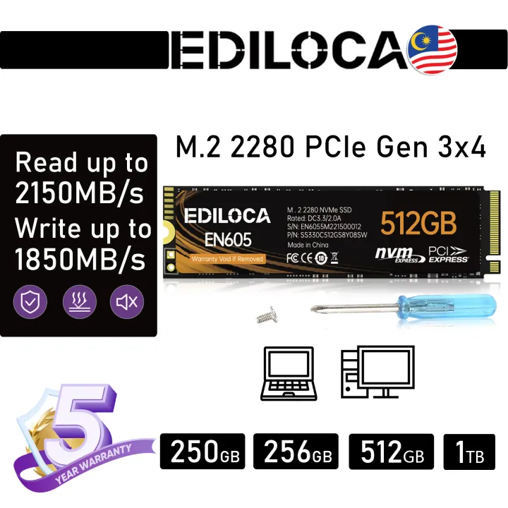 EDILOCA EN605 NVMe SSD - M.2 2280 PCIe Gen3 x4 Internal Solid State Drive, Up to 2,150MB/s, SLC Cache 3D NAND TLC, Compatible with Laptop & PC Desktop