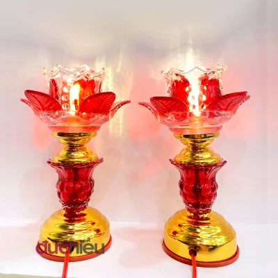 Đèn thờ cúng hoa sen để bàn thờ chất liệu thủy tinh cao 22cm đèn cúng Phật Quan Âm - Đức Hiếu Shop