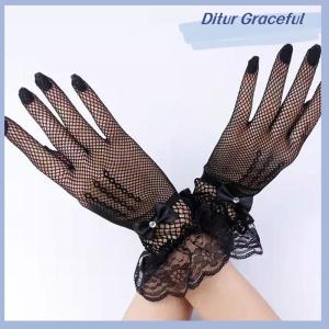 Ditur Women Vintage Sheer Short Lace Gloves Bride Wedding Gloves Derby Tea Party Wrist Length Floral Gloves for Dinner Fancy Costume Accessories Gloves