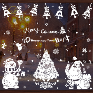 COMBO-Decal trang trí NOEL HÍT TĨNH ĐIỆN -Rèm chuông trắng và ông già noel cùng người tuyết đón lễ (4 tấm)-CDN118